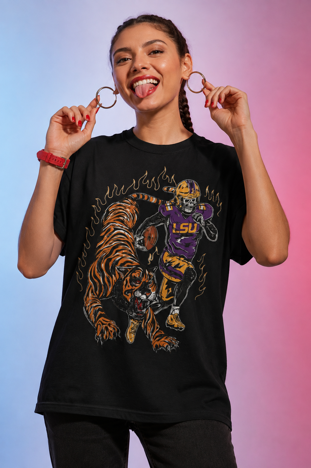 Angry Tiger and Football Skull Shirt Gothic Flaming Sports Graphic Tee
