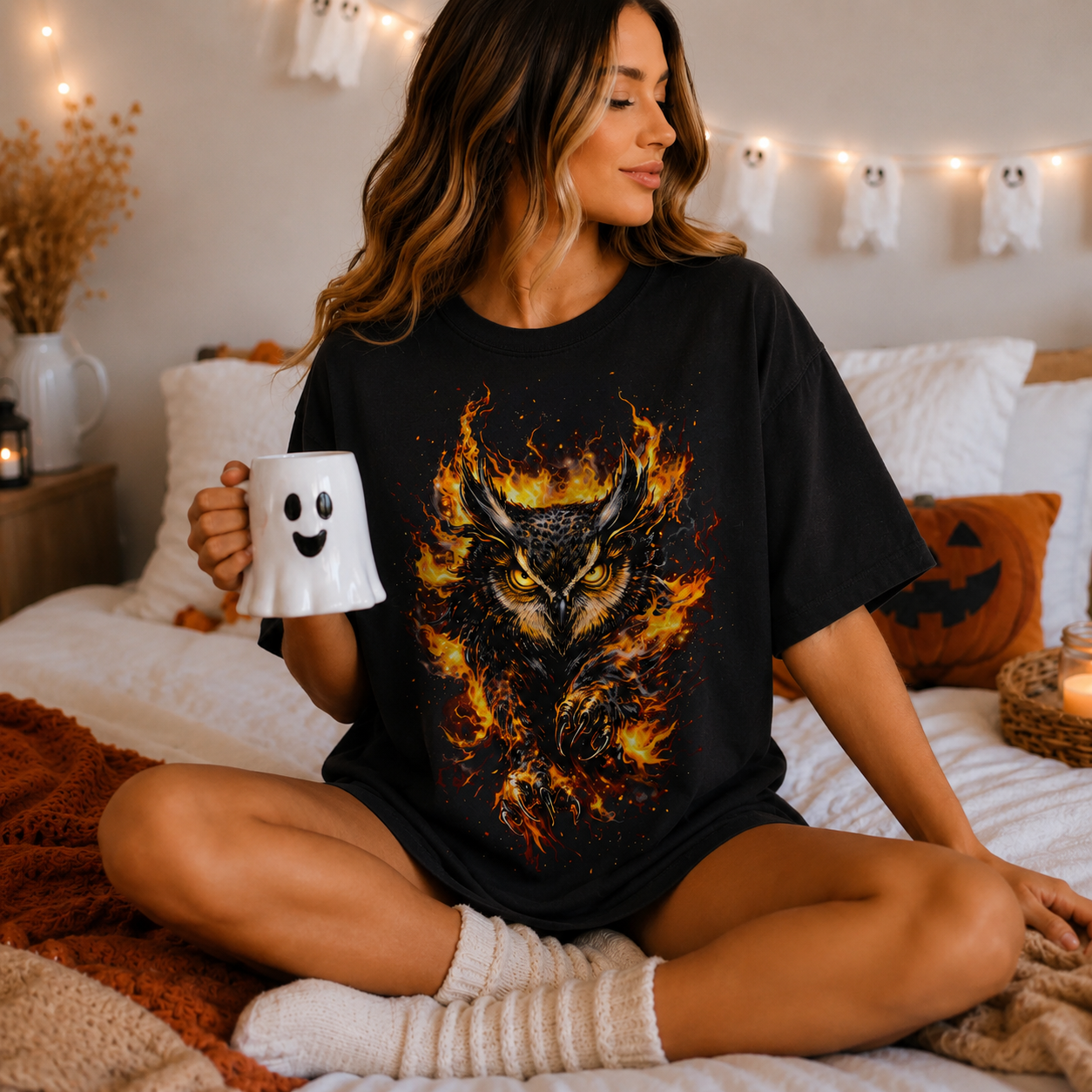 Fire Owl Shirt Unisex Demon Horned Owl Flame Black Graphic Tee