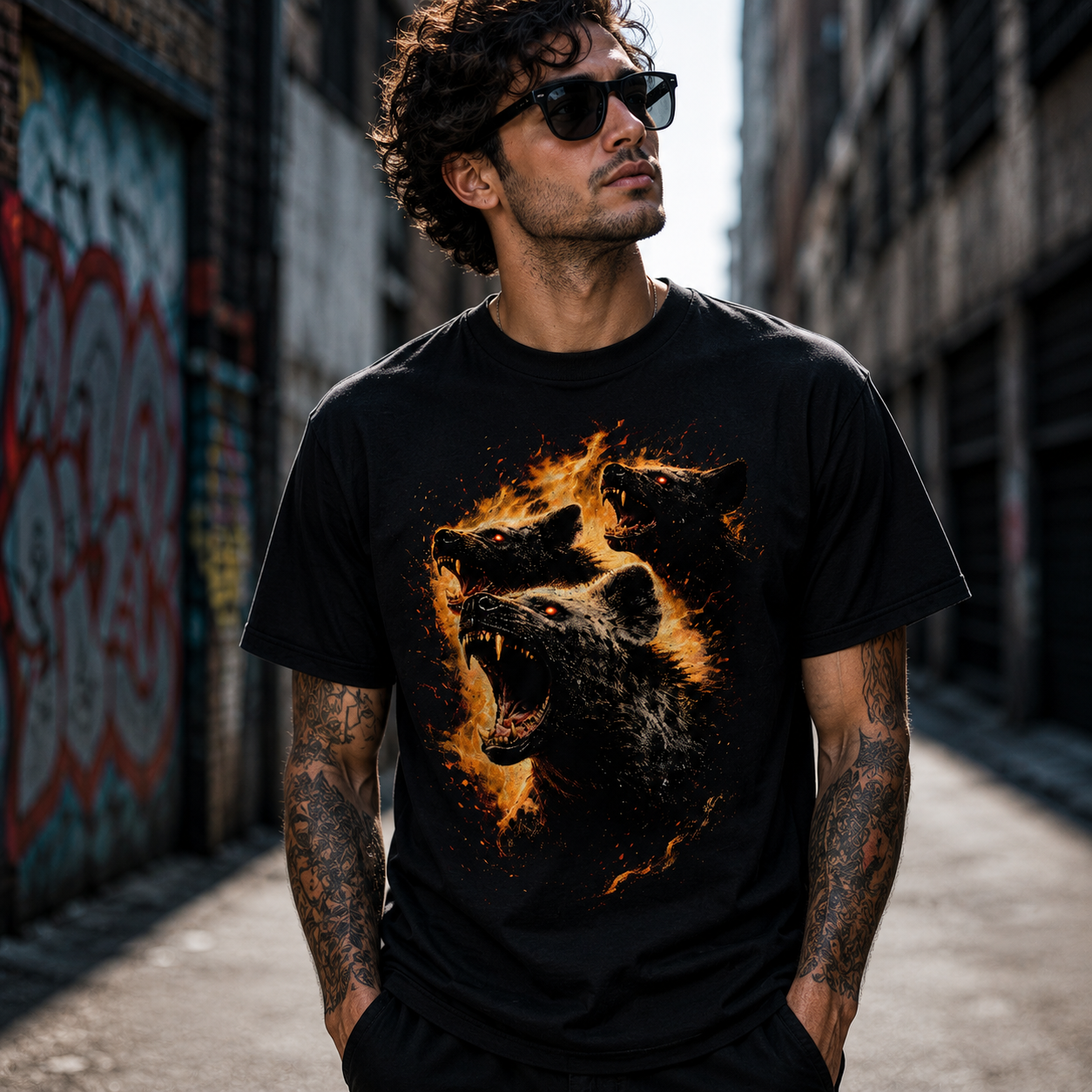 Snarling Flaming Hyena Trio Fire Hyenas Pack Unisex Black Graphic Shirt