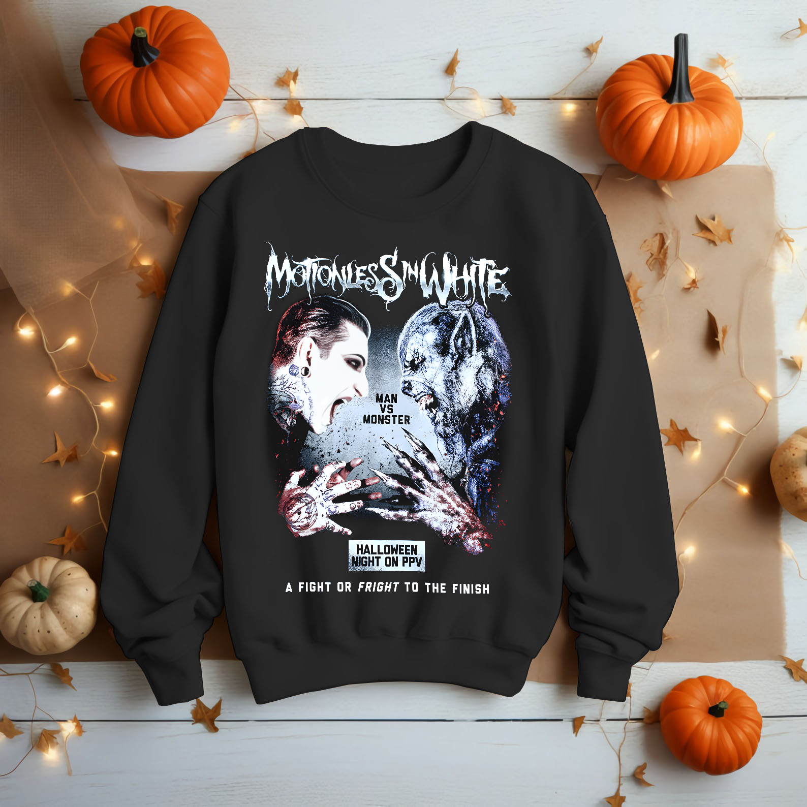 Motionless In White Man vs Monster Halloween Horror Rock Band Tee Shirt - HQ