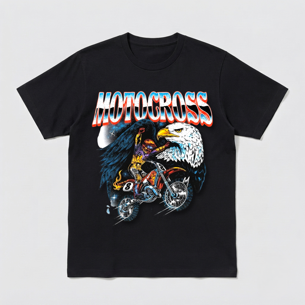Vintage Motocross Eagle Graphic Tee Retro Motorcycle Dirt Bike Black Shirt
