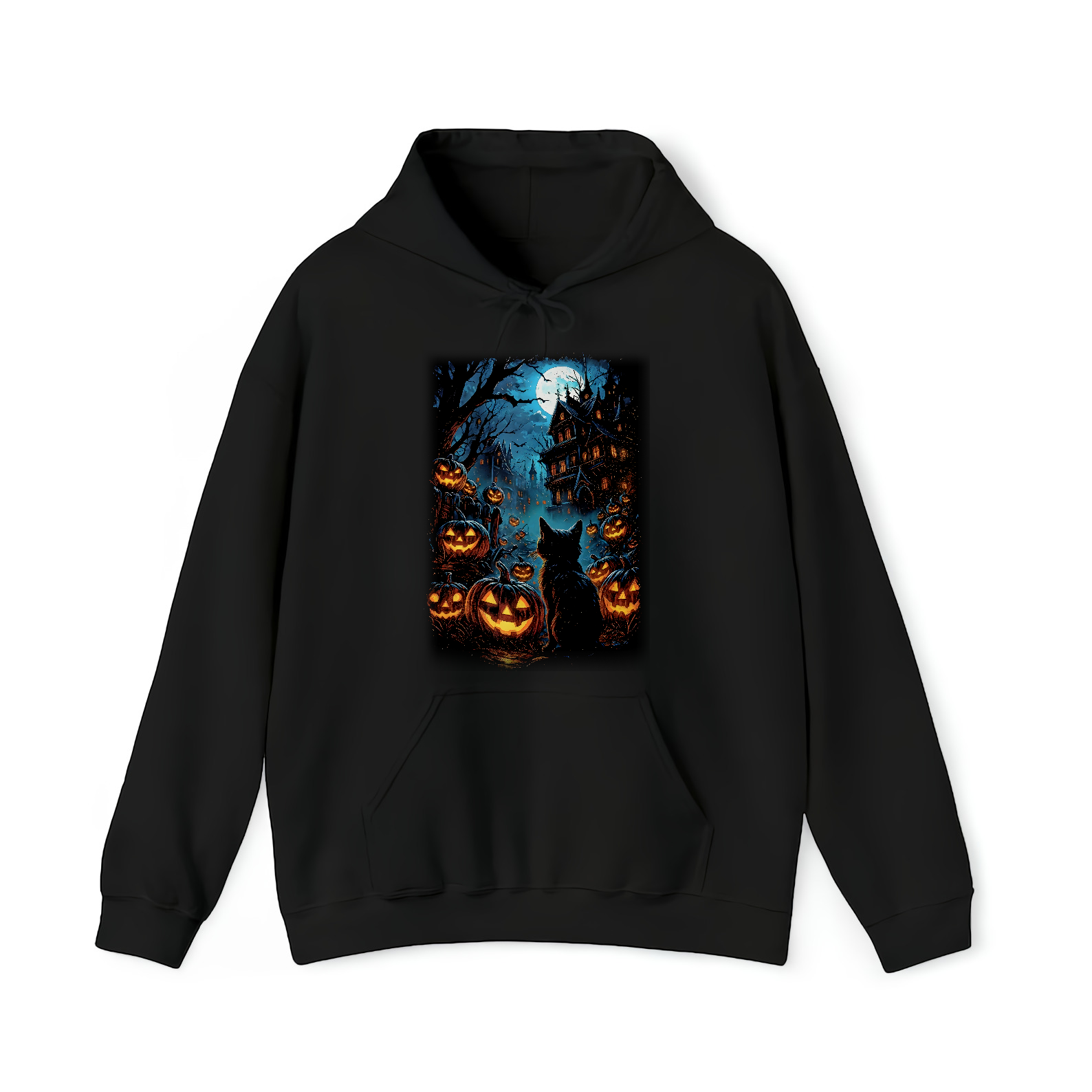 Evil Horror Pumpkins, Cat And Full Moon Printed Unisex Black Shirt