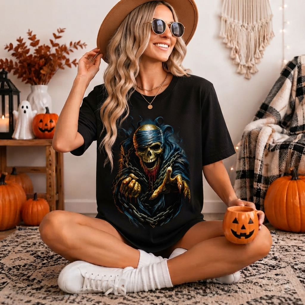 Inspired by The Mummy – Chained Skeleton Undead Horror Art Unisex Black Shirt