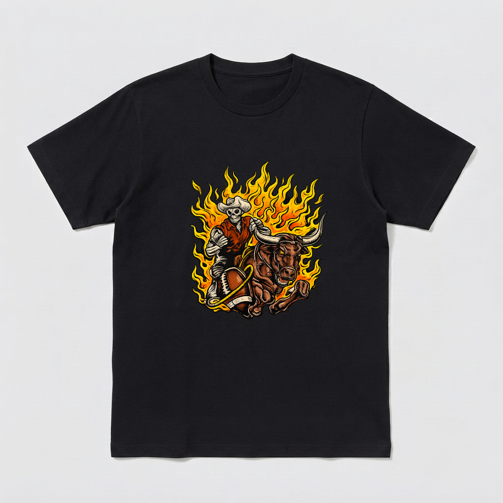 Vintage Skeleton Cowboy Riding Bull Graphic Tee Western Fire Streetwear Shirt