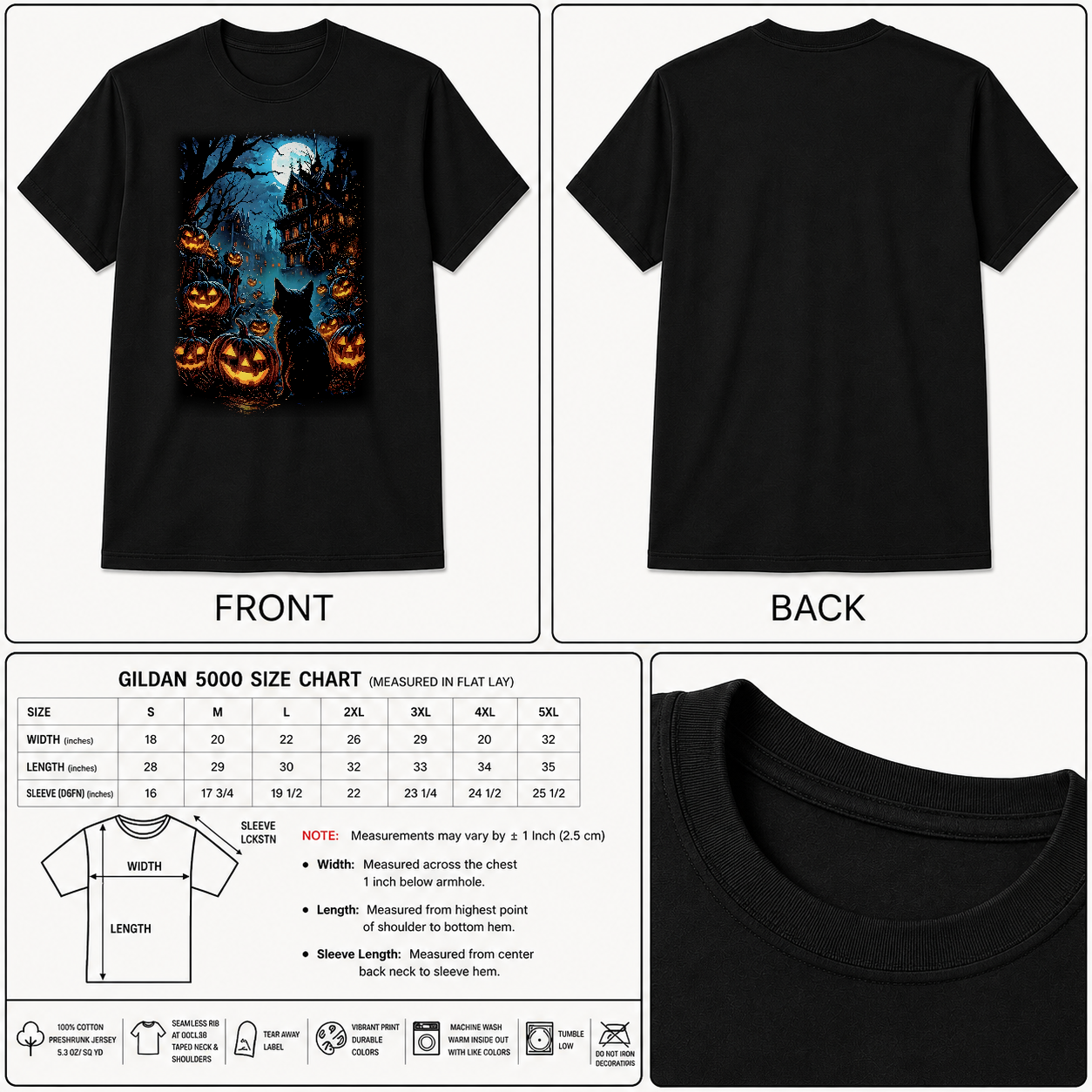 Evil Horror Pumpkins, Cat And Full Moon Printed Unisex Black Shirt