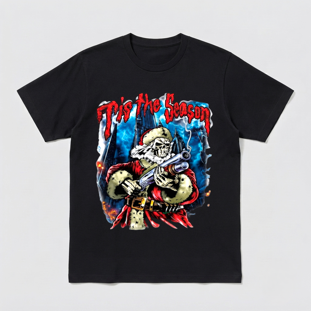 Edgy Bad Santa Skull Shirt Tactical Christmas Holiday Slasher Graphic Tee
