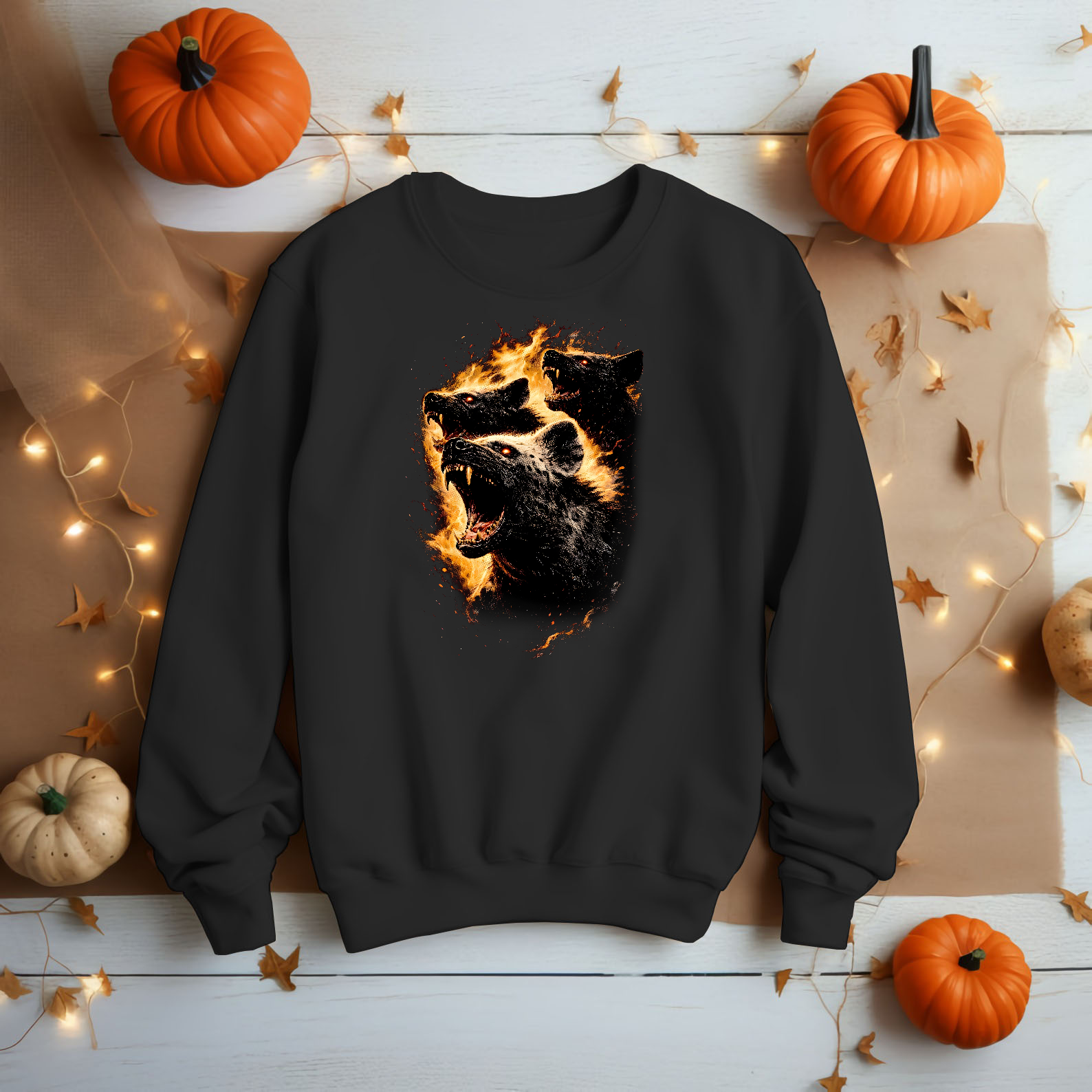 Snarling Flaming Hyena Trio Fire Hyenas Pack Unisex Black Graphic Shirt