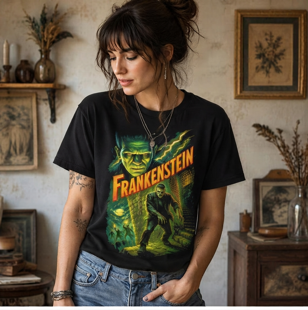 Evil Horror Frankenstein Style Printed Unisex Black Shirt