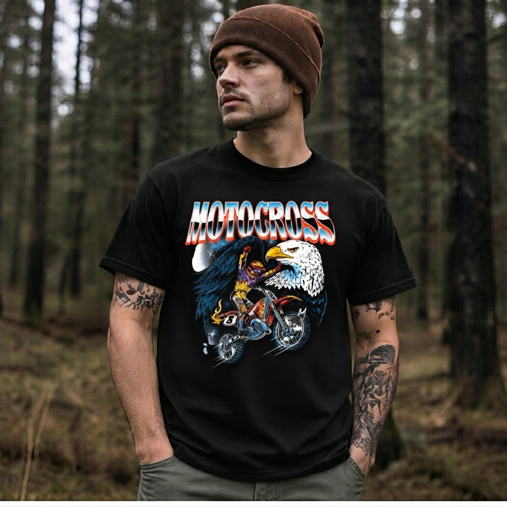 Vintage Motocross Eagle Graphic Tee Retro Motorcycle Dirt Bike Black Shirt