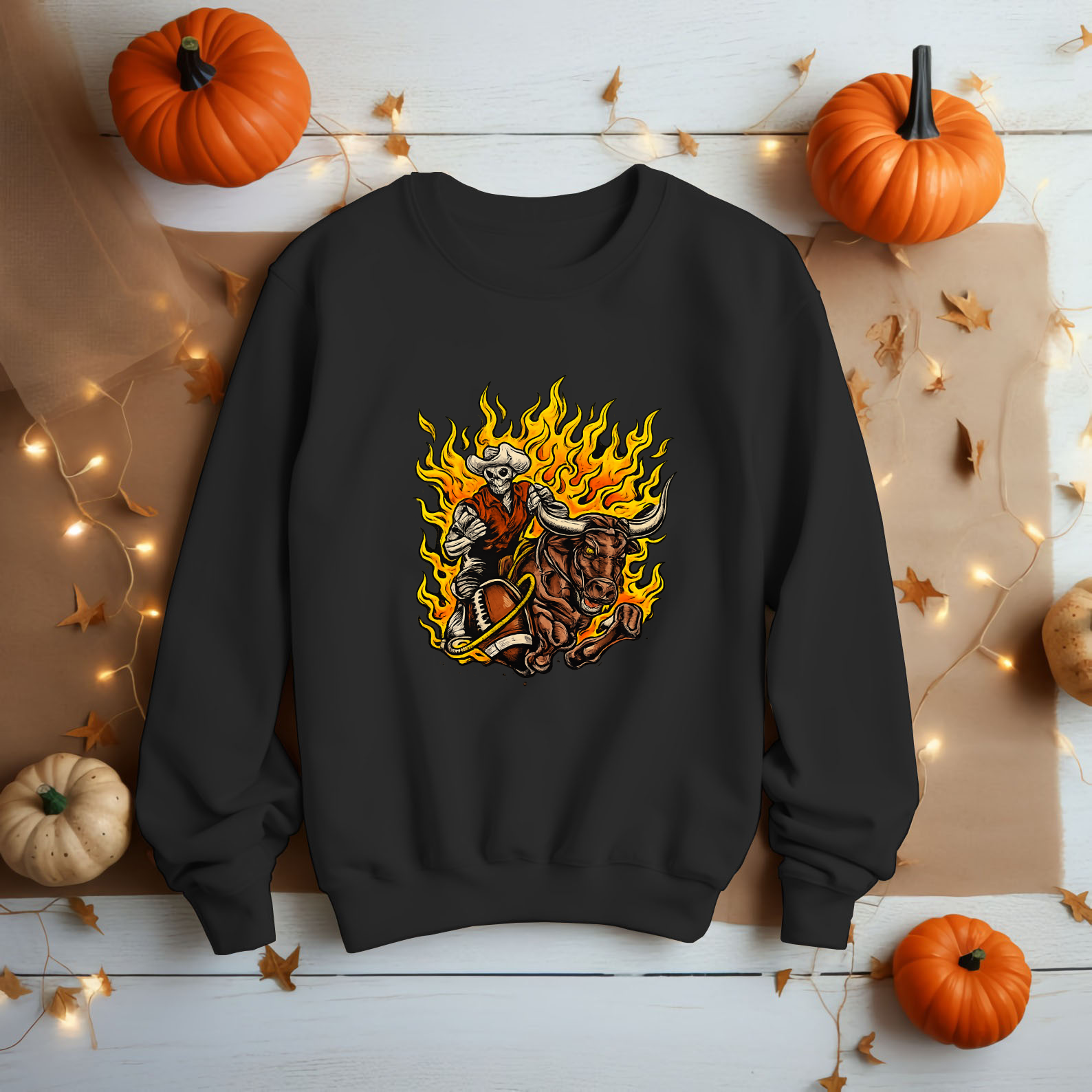 Vintage Skeleton Cowboy Riding Bull Graphic Tee Western Fire Streetwear Shirt