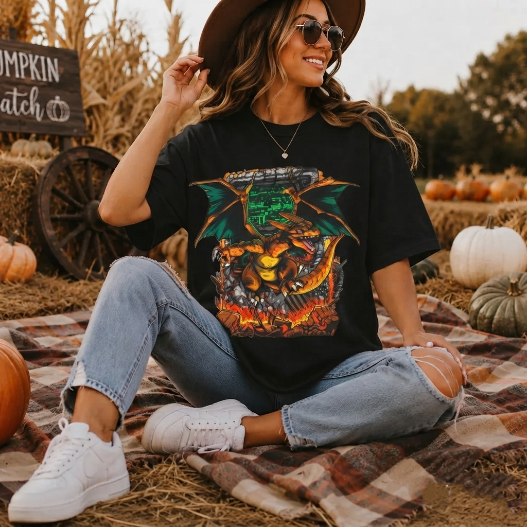 Vintage Fire Dragon Monster Retro Gaming Anime Style Men's Graphic Shirt