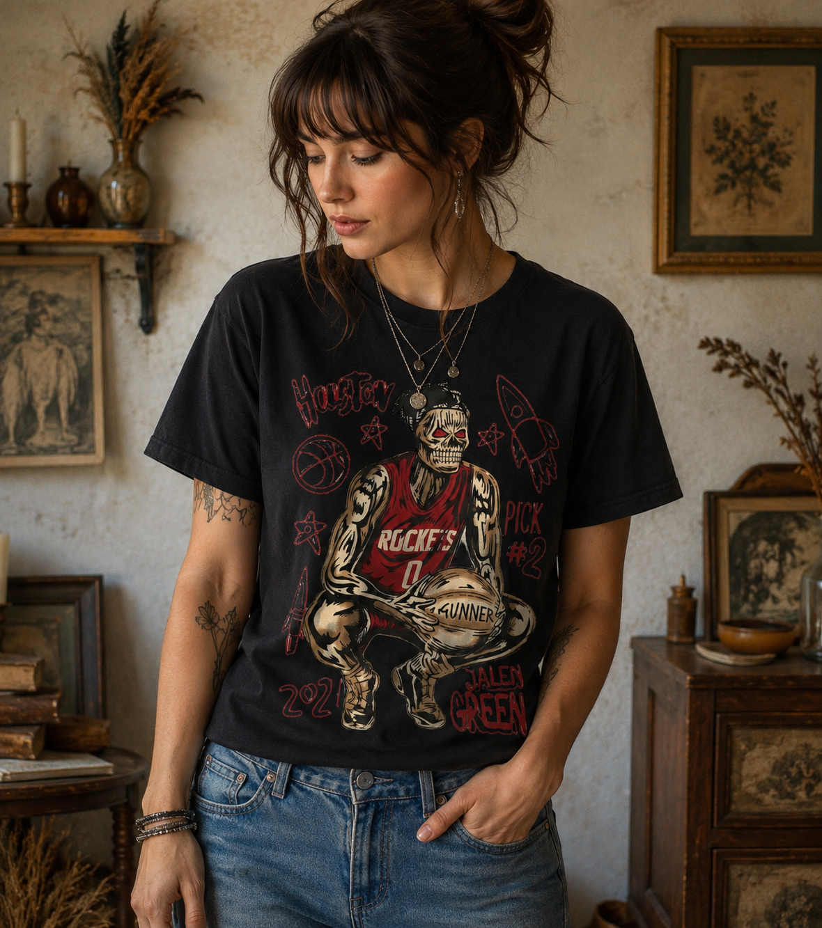 Skeleton Basketball Player Graphic Tee Red Jersey Grunge Streetwear Shirt