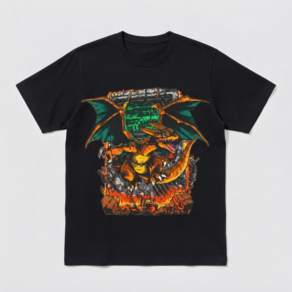Vintage Fire Dragon Monster Retro Gaming Anime Style Men's Graphic Shirt
