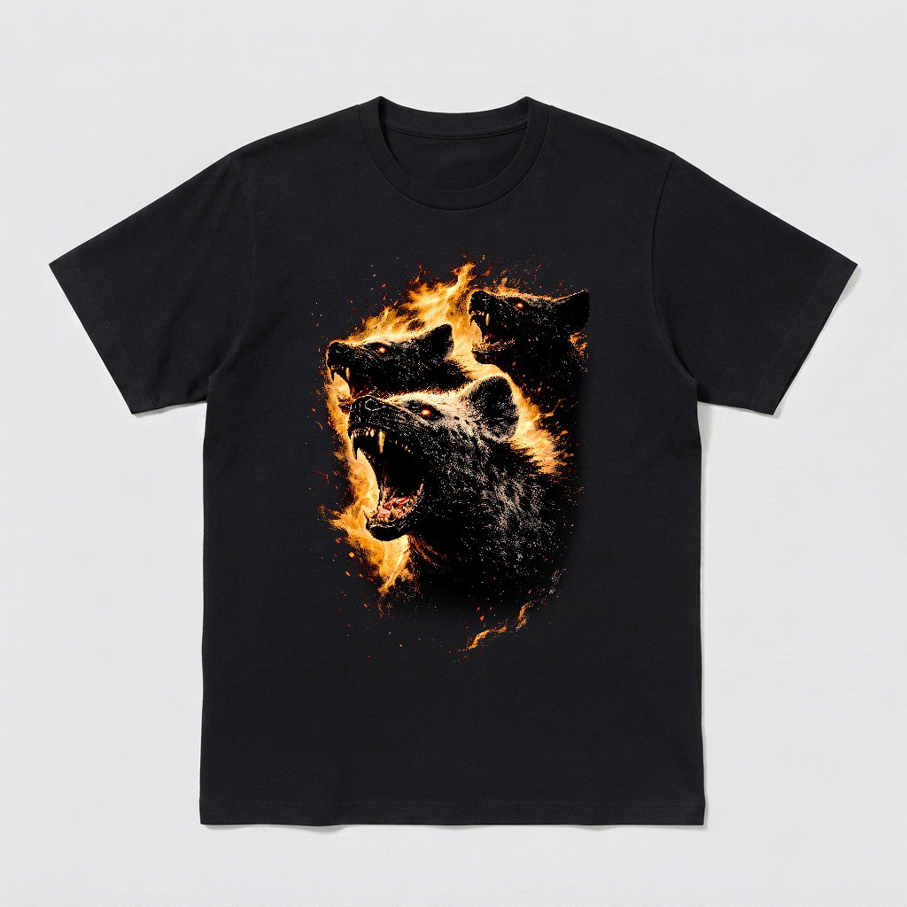 Snarling Flaming Hyena Trio Fire Hyenas Pack Unisex Black Graphic Shirt