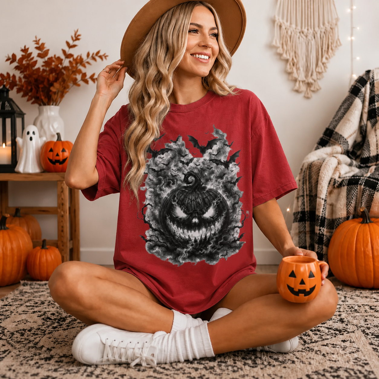 Spooky Pumpkin, Halloween Ghost Pumpkin Shirt Design, Creepy Bat Jack O Lantern Graphic, Vintage Halftone Horror Artwork Tee