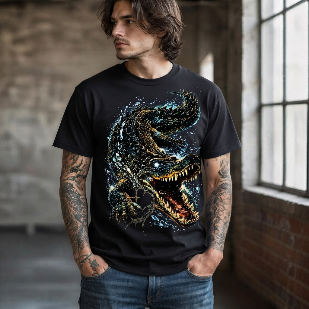 Crocodile Water Splash Alligator Attack Graphic Unisex Black Shirt