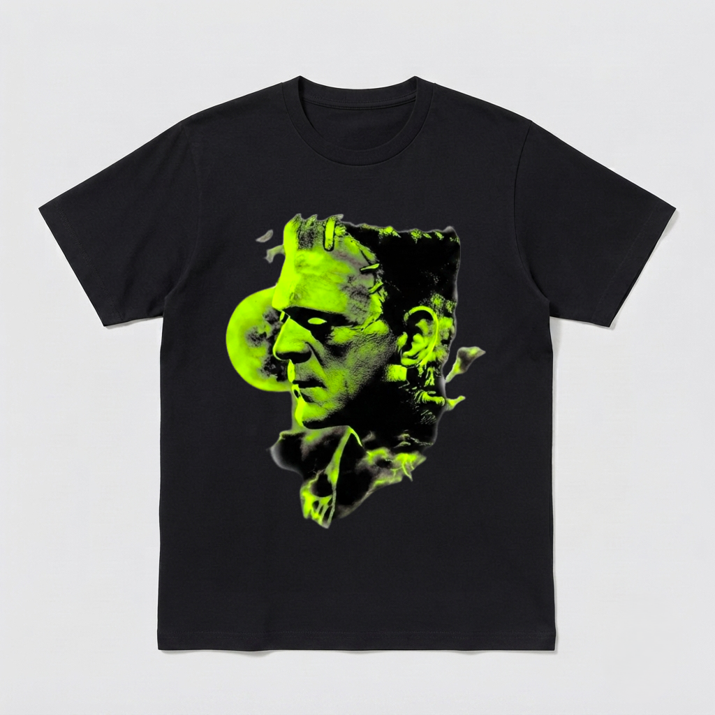 Horror Movie Shirt w Green Skull Lightning Dark Distressed Graphic Tee Art