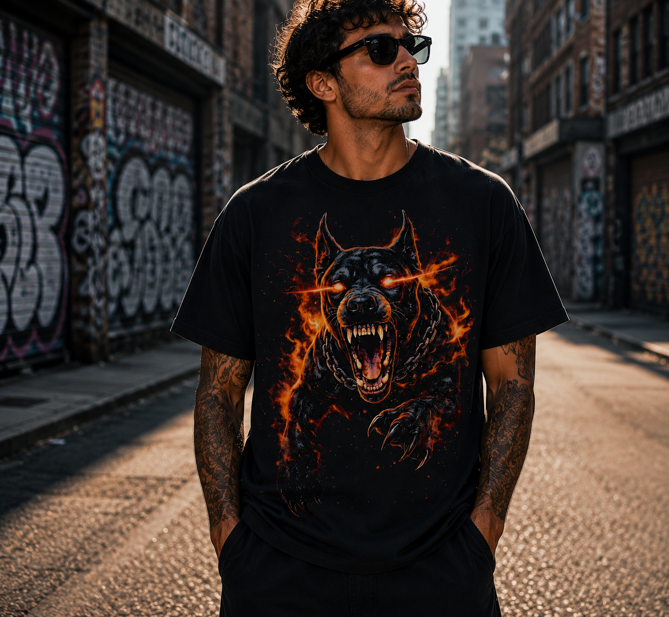 Hellhound Doberman Flame Shirt - Snarling Fire Dog Graphic - Unisex Black Tee