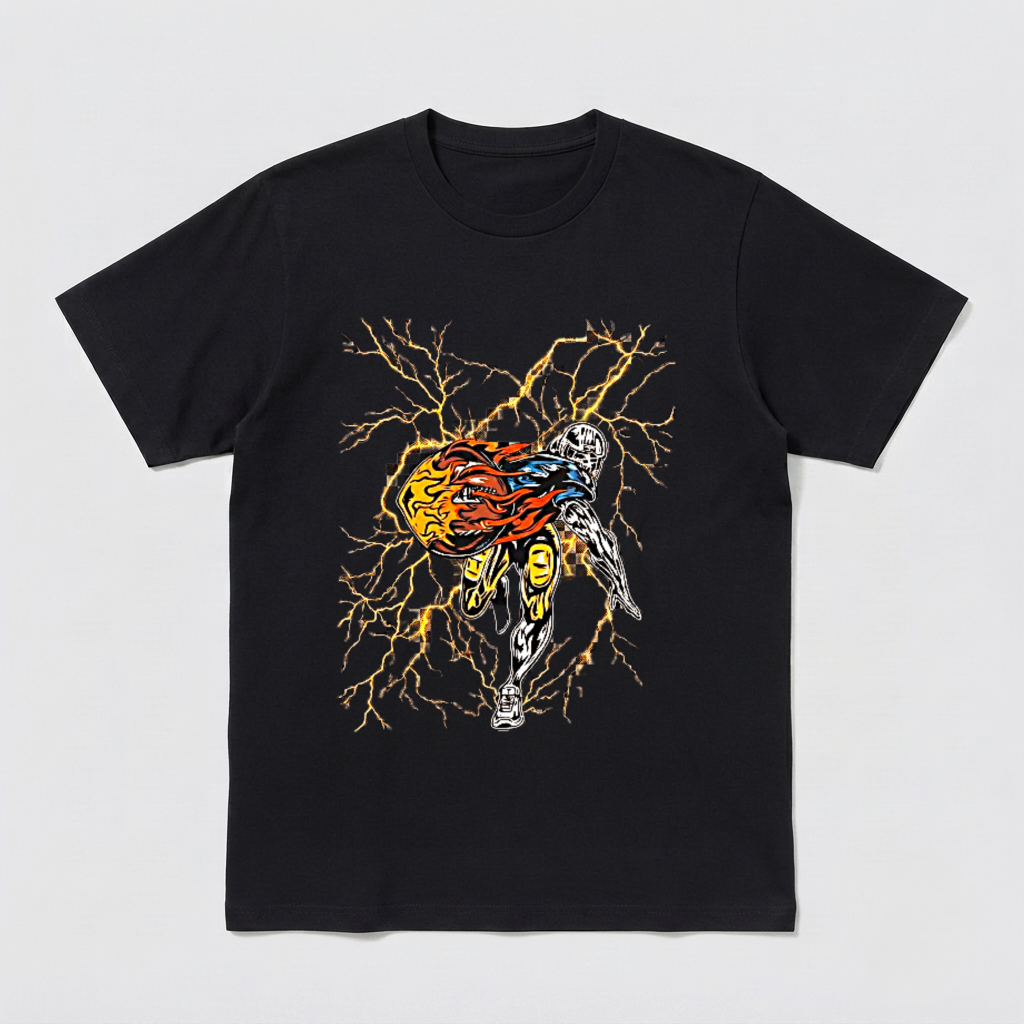 Football Player Lightning Graphic Shirt Fire Sport Dynamic Black Tee