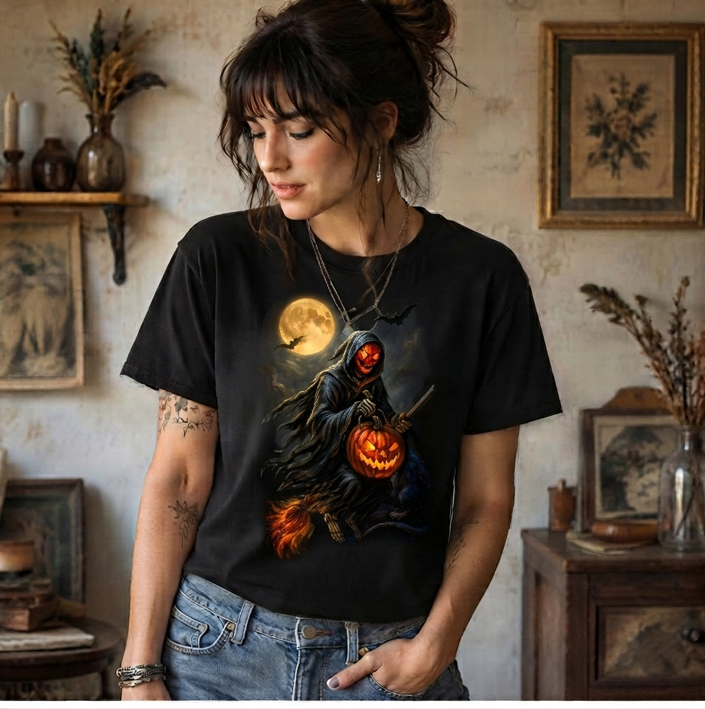 Inspired by Pumpkin Reaper Witch Dark Horror Art Unisex Black Shirt