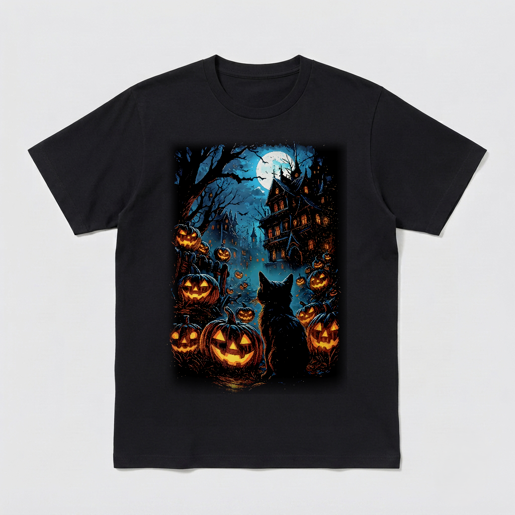 Evil Horror Pumpkins, Cat And Full Moon Printed Unisex Black Shirt