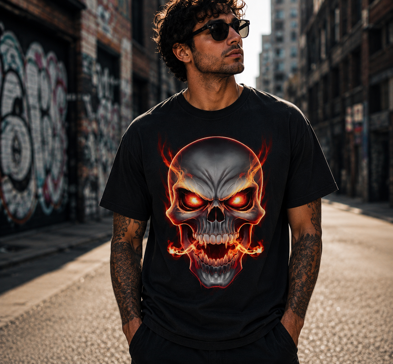 Flaming Skull - Tattoo Inspired Unisex Black Shirt