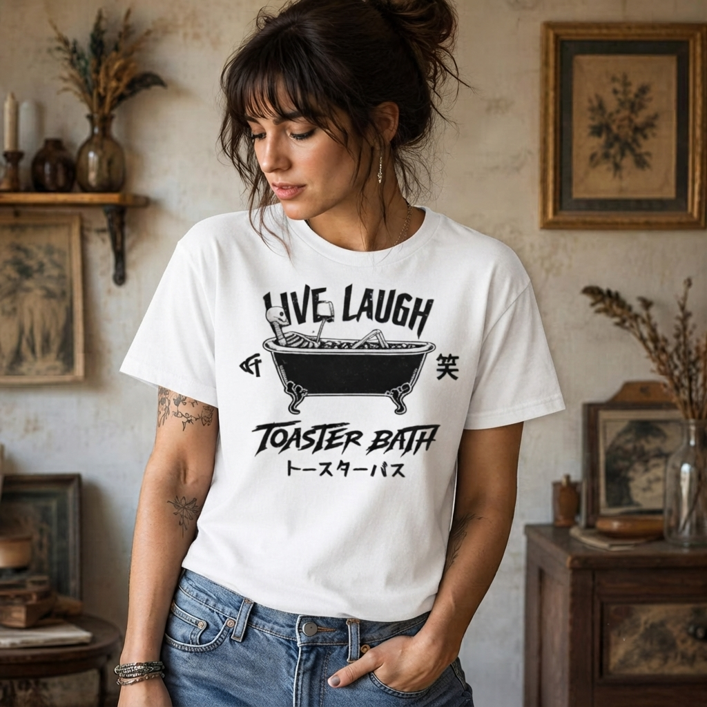 Live Laugh Toaster Bath Shirt Unisex Skeleton Funny Dark Humour Sarcastic Retro