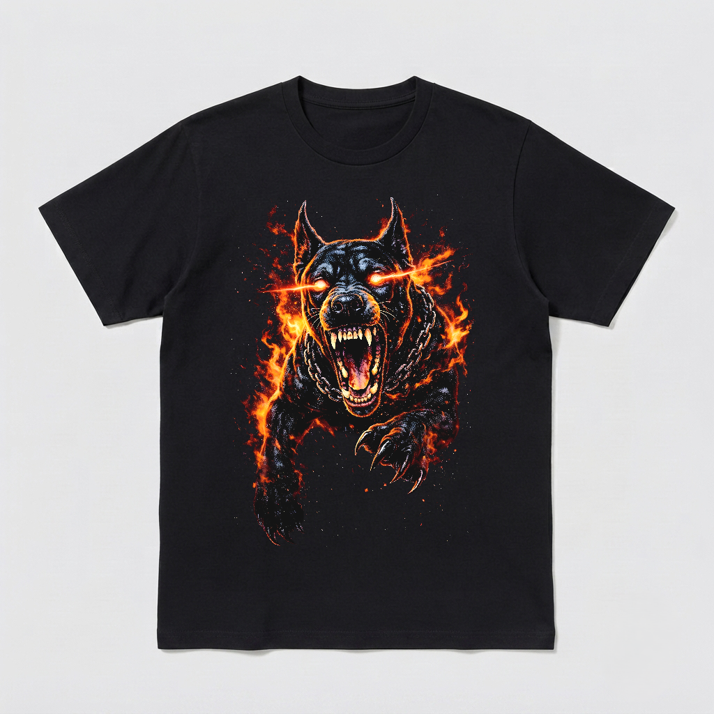 Hellhound Doberman Flame Shirt - Snarling Fire Dog Graphic - Unisex Black Tee