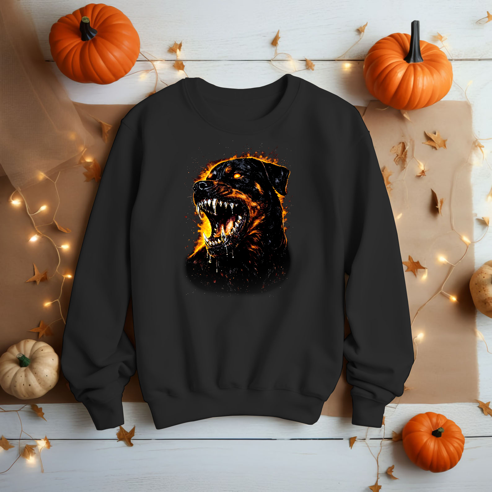 Glowing Eye Demon Dog Snarling Rottweiler Fire Unisex Black Shirt