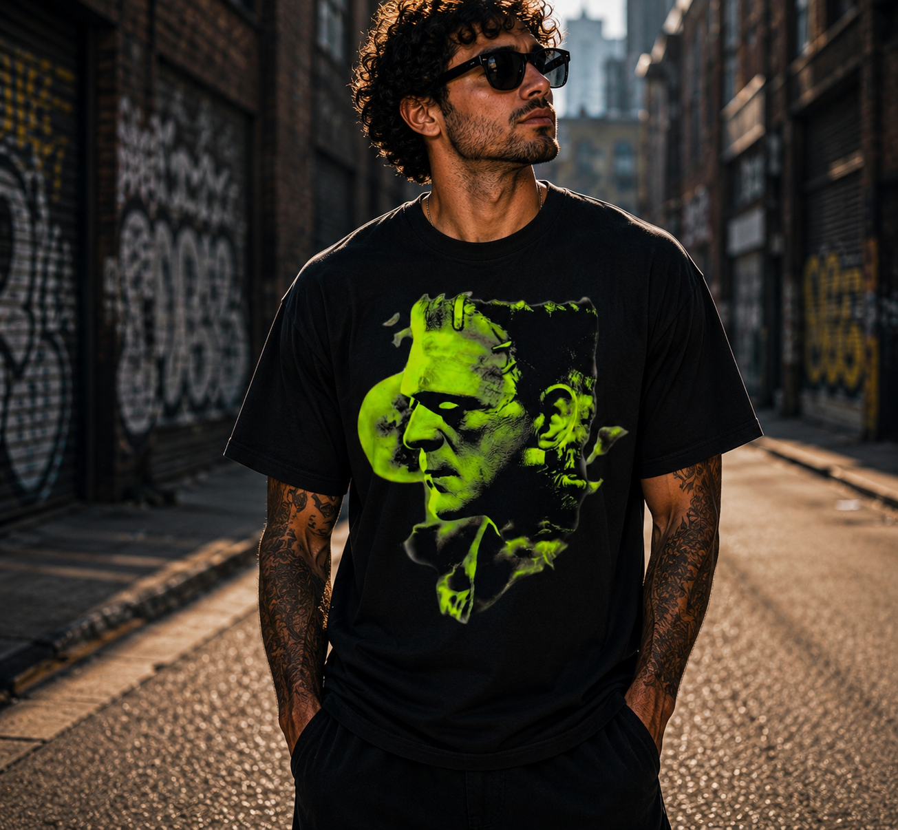 Horror Movie Shirt w Green Skull Lightning Dark Distressed Graphic Tee Art