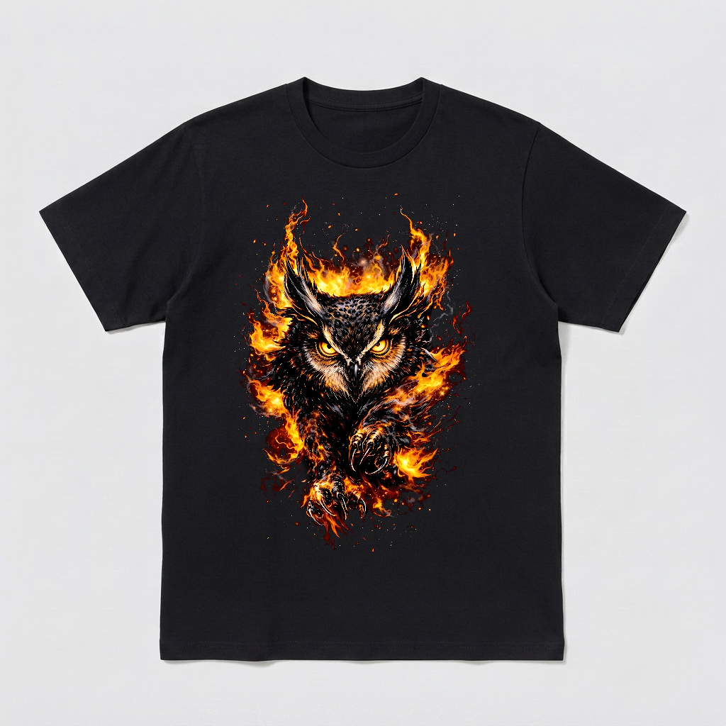 Fire Owl Shirt Unisex Demon Horned Owl Flame Black Graphic Tee