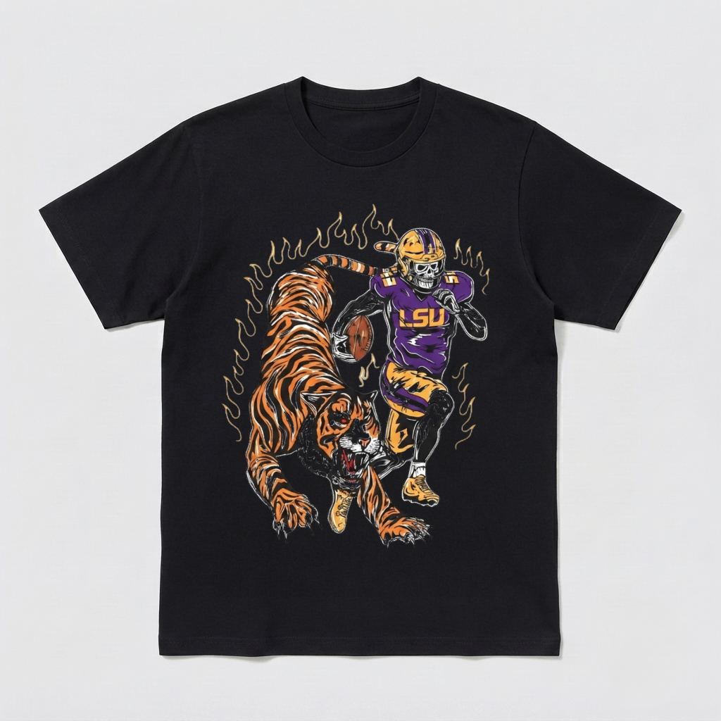 Angry Tiger and Football Skull Shirt Gothic Flaming Sports Graphic Tee