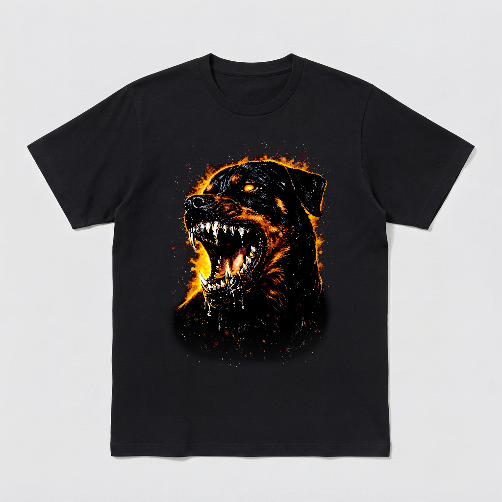 Glowing Eye Demon Dog Snarling Rottweiler Fire Unisex Black Shirt