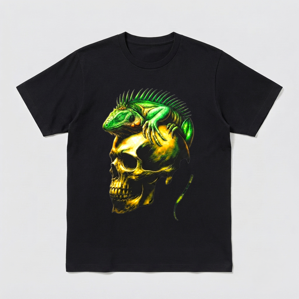 Iguana Skull Shirt Green Reptile Skeleton Gothic Horror Graphic Art Cool Tee