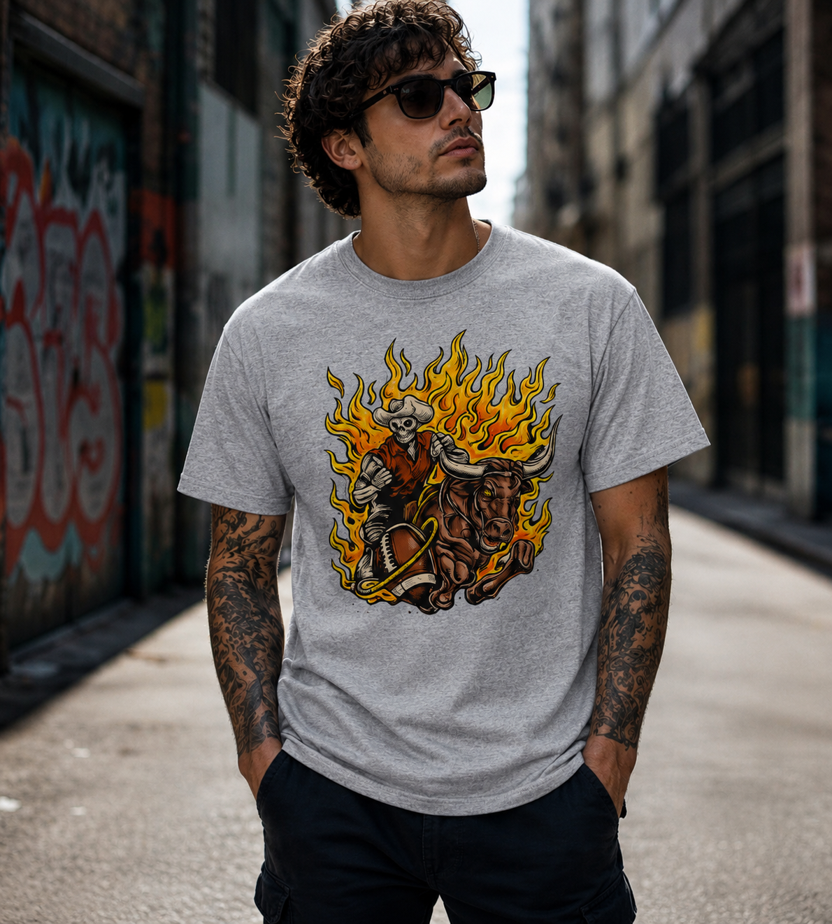 Vintage Skeleton Cowboy Riding Bull Graphic Tee Western Fire Streetwear Shirt