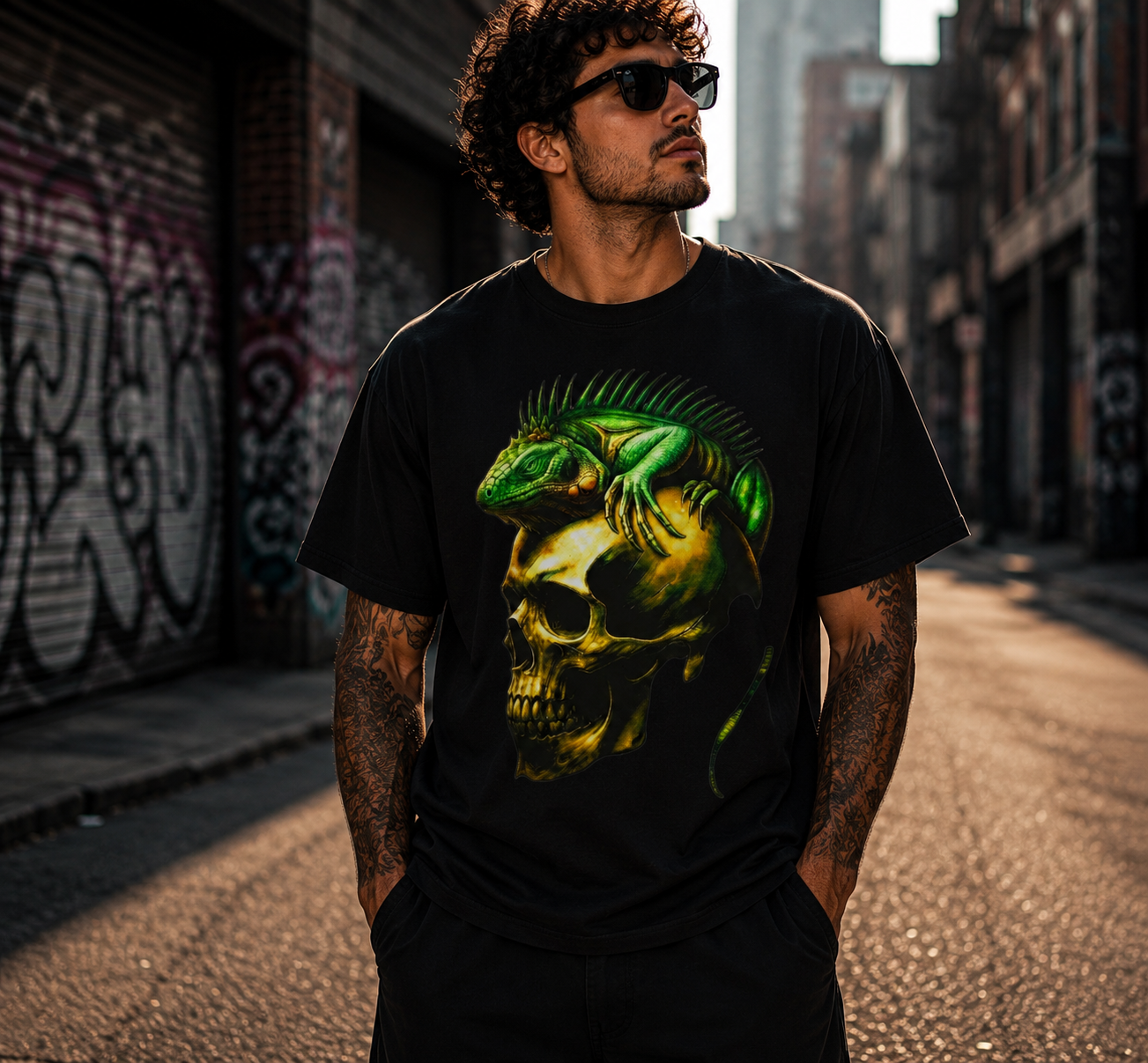 Iguana Skull Shirt Green Reptile Skeleton Gothic Horror Graphic Art Cool Tee