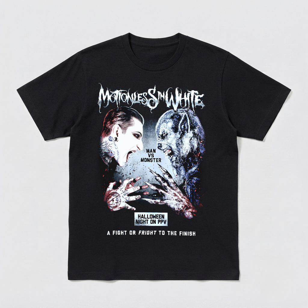 Motionless In White Man vs Monster Halloween Horror Rock Band Tee Shirt - HQ