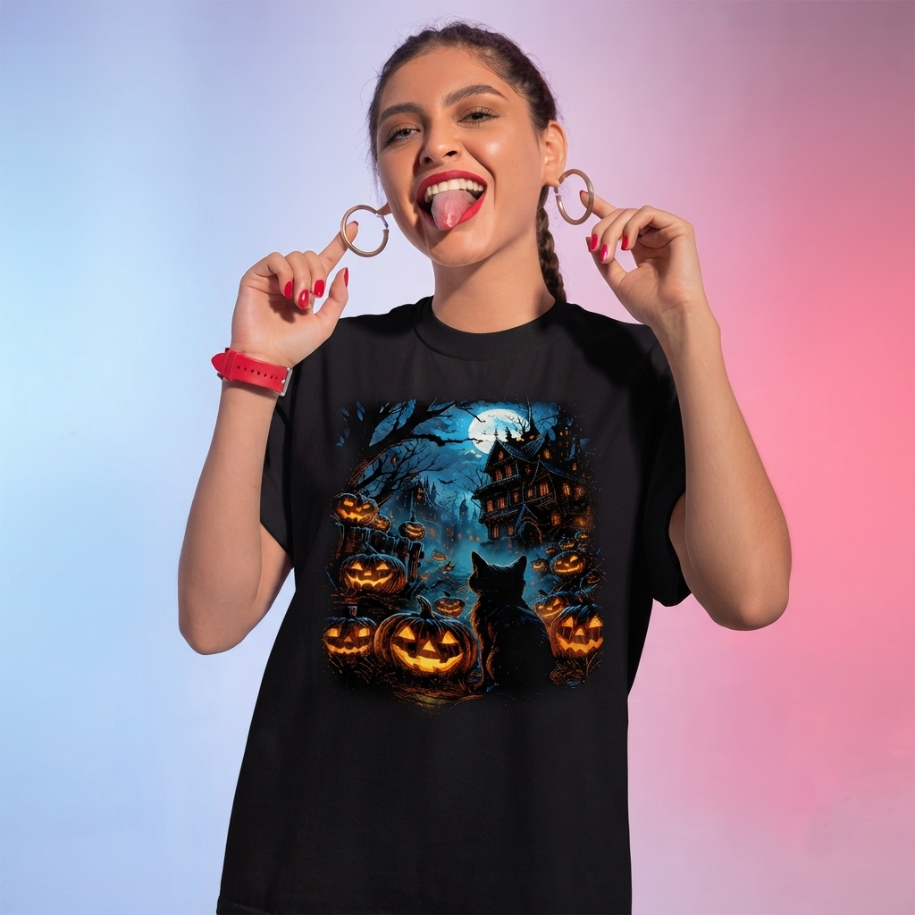 Evil Horror Pumpkins, Cat And Full Moon Printed Unisex Black Shirt