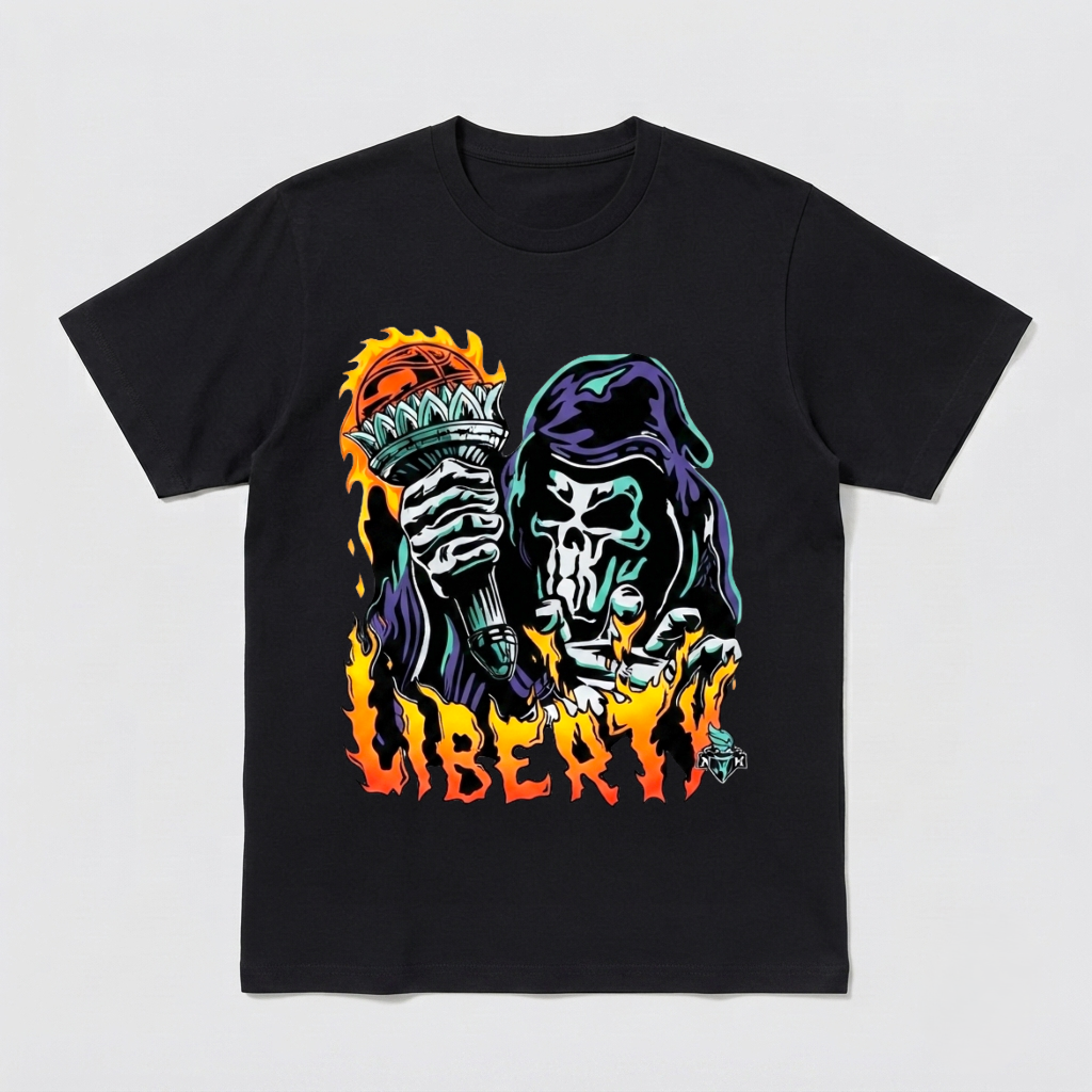 Grim Reaper Statue Torch Flame Graphic Tee Vintage Basketball Skeleton Shirt