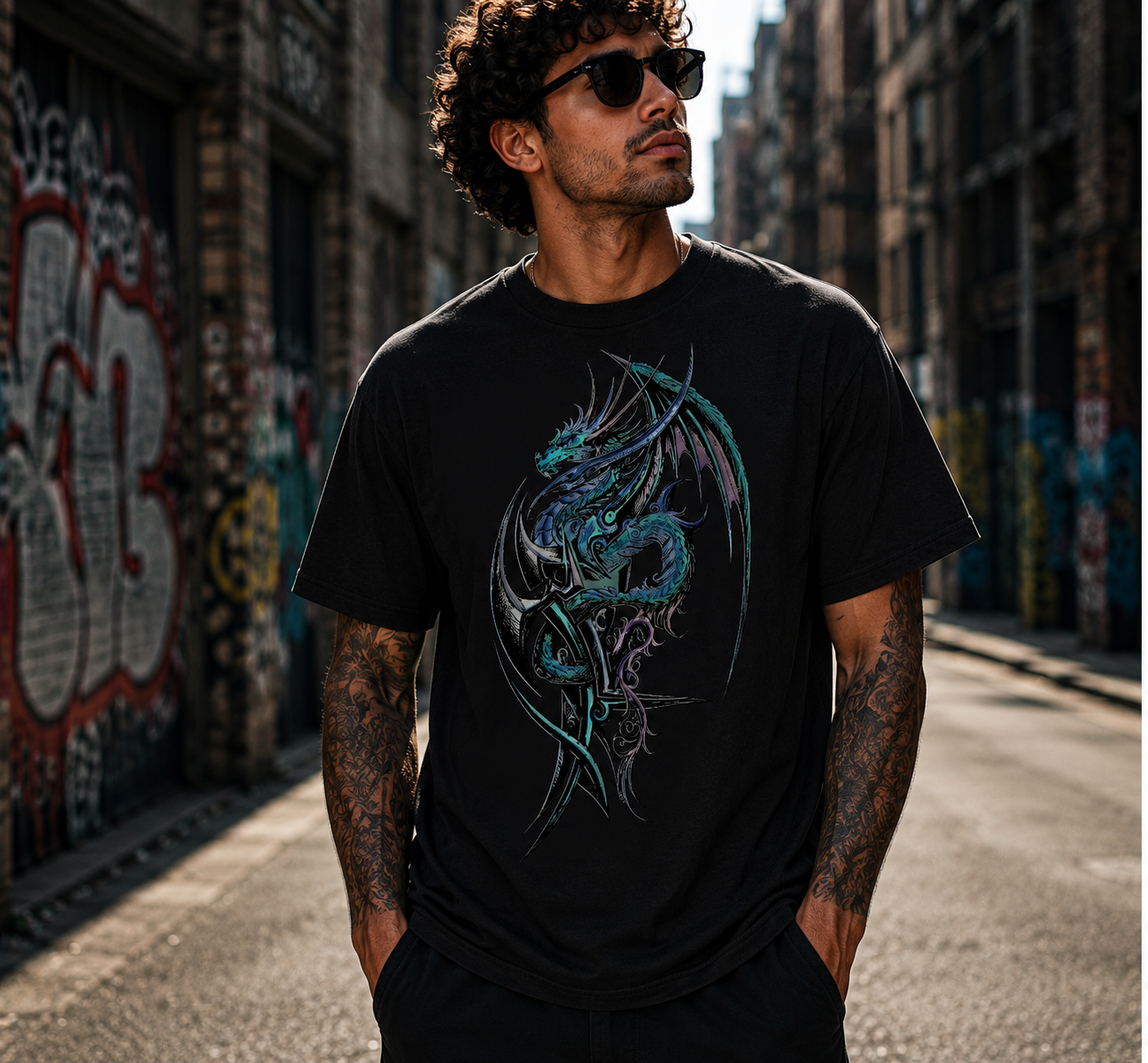 Fantasy Neon Dragon Tattoo Inspired Black Shirt