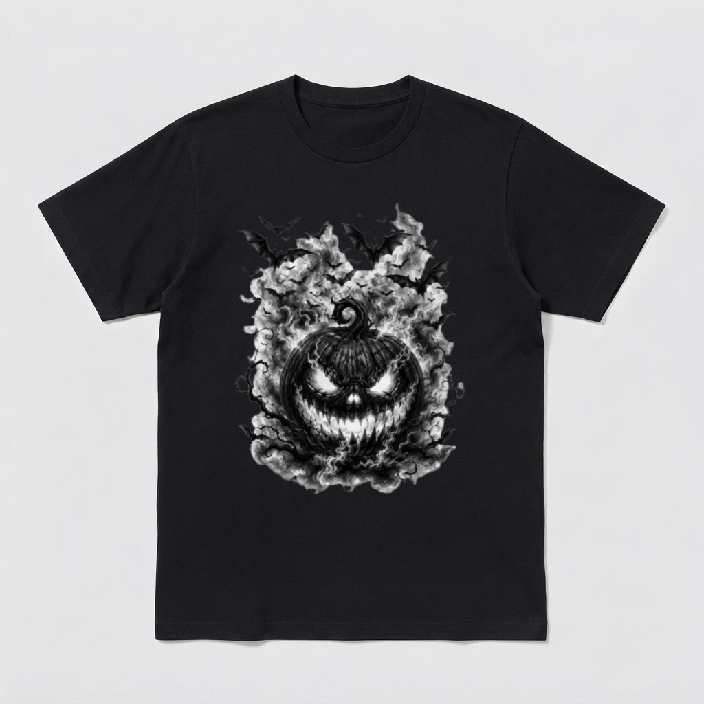 Spooky Pumpkin, Halloween Ghost Pumpkin Shirt Design, Creepy Bat Jack O Lantern Graphic, Vintage Halftone Horror Artwork Tee